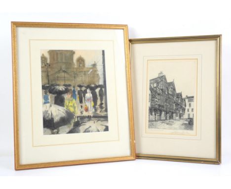 Contemporary European School, street scene with umbrellas, watercolour, signed indistinctly lower right, framed and glazed, i