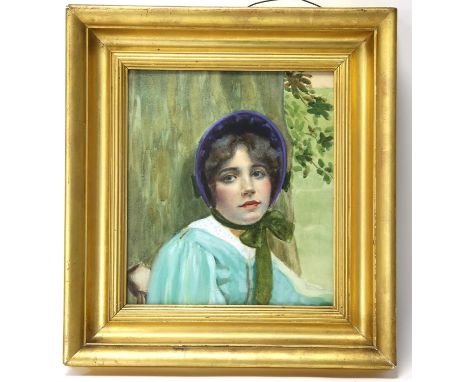 British School, c. 1900, portrait of a young woman wearing a bonnet. Watercolour. Framed and glazed. Image size 26 x 23cm. 