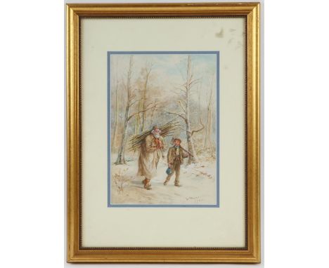 Walter Duncan (1848-1932). Portrait of man and boy gathering firewood in winter woodland.  Watercolour 1902. Signed and dated