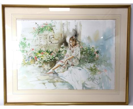 Gordon King (British, b. 1939), portrait of a young woman in a garden. Watercolour. Signed lower right. Framed and glazed. Im