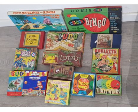 14 boxed vintage boardgames includes pirate and traveller game, tiddly winks, blow football etc