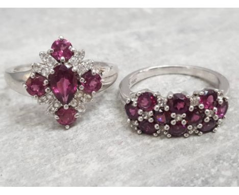 2 silver 925 and amethyst cluster ring, 1 with CZs, 7.7g gross