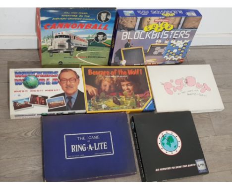 7 boxed vintage games includes Chad Valley ring-a-lite, waddingtons blockbusters and cannonball starring Paul Birch and Willi