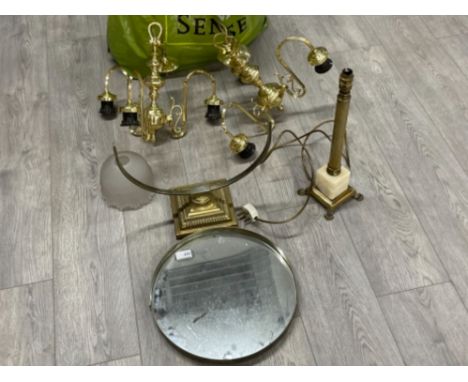 Brass table mirror, lamp and 2 x chandeliers