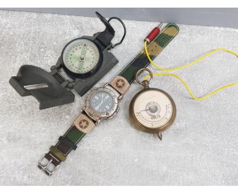 Japanese Yess watch/compass together with army pocket compass and voltmeter