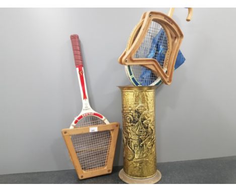 Vintage brass stick stand containing 2 vintage tennis rackets by dunlolop and spalding+umbrella