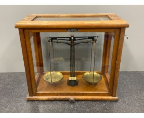 Vintage laboratory scales in glass display case by W &amp; J George LTD great Charles street Birmingham