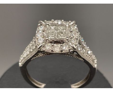 Ladies 9ct white gold Diamond ornate cluster ring. Approx .75ct 2.9g size K