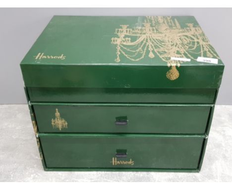 Vintage cardboard Harrods box in green and gold, 29x40x 31cm  fitted with 2 drawers