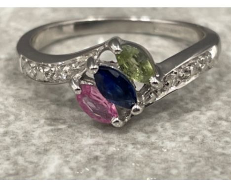 Ladies 9ct white gold old ornate stone set ring. Diamonds, pink, blue and peridot marquise stones. 2.8g size N1/2