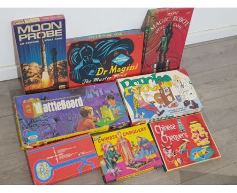 8 boxed vintage boardgames includes moon probe, psyco, battleboard etc