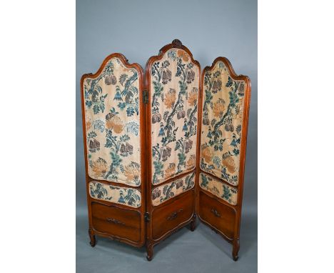 An antique walnut framed three panel folding screen, 154 cm high x 152 cm wide Fabric panels damaged 