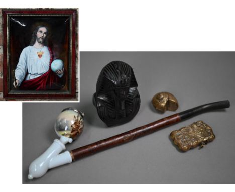 An enamel plaque depicting Jesus Christ by Bouasse Jeune et Cie, Paris, 24 x 19 cm, framed and a&nbsp;composite model of the 