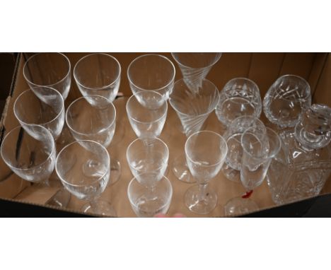 A set of seven Stuart crystal wine glasses with airtwist stems and four smaller matching glasses to/w a pair of Orrefors (Swe