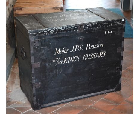 A large early 20th century black painted military campaign trunk with stenciled ownership to 'Major J.P.S Pearson 14th/20th K