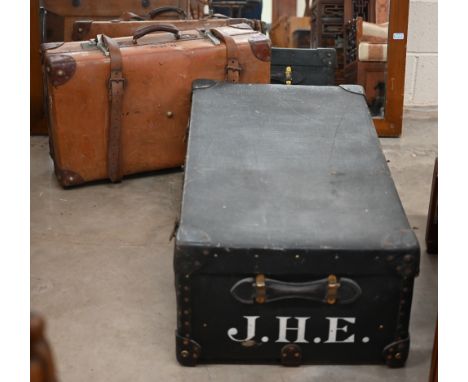 A vintage 'Pukka' Luggage trunk with American cloth cover, to/w a vintage Revelation suitcase with leather corners and straps