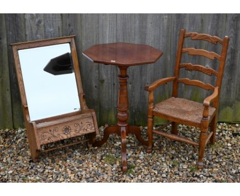 An antique oak framed rope seat child's chair to/with a red walnut tripod table and a mirror backed wall mounted glove box&nb