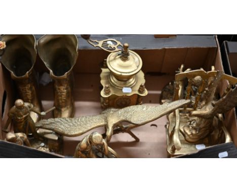 Various decorative brassware and a coffee grinder (box) 