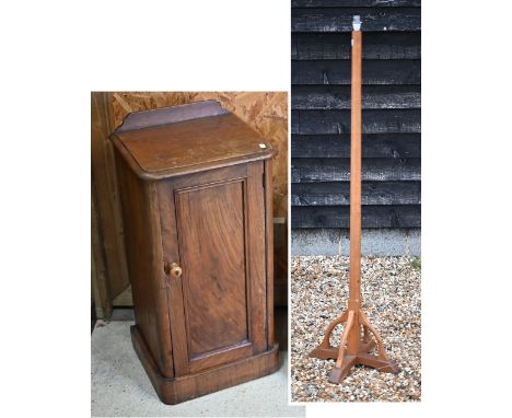 An Edwardian mahogany single door pot cupboard, raised on a plinth base, 39 cm x 33 cm x 76 cm h to/w an Arts &amp; Crafts st