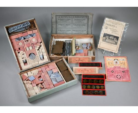 A box of Richter vintage German toy building blocks with lift-out tray to/w three other trays of blocks, various instruction 