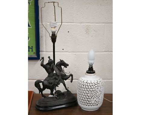 A spelter rearing horse and mounted warrior table lamp on wooden base, 53 cm high to/w a Chinese reticulated blanc-de-chine l