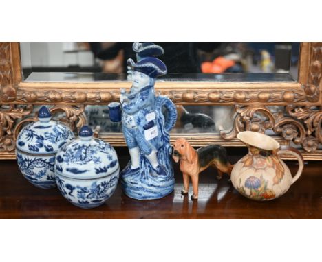 A pair of Chinese blue and white porcelain ovoid jars and covers, painted with dragons 16.5 cm high to/w a Delft Toby jug, a 