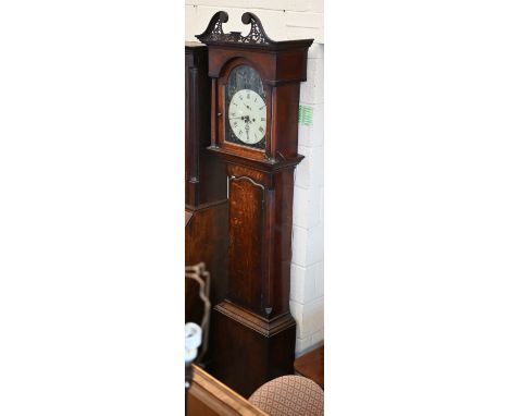 A late 18th/early 19th century oak longcase clock with unsigned painted dial on eight-day movement c/w two weights and pendul