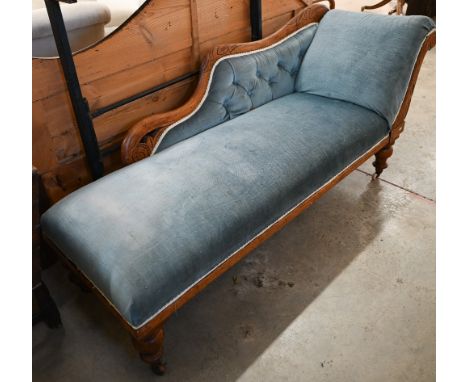 Victorian beech and ash framed scroll end chaise longue, light blue dralon upholstery, turned supports and castors, 180 x 60 