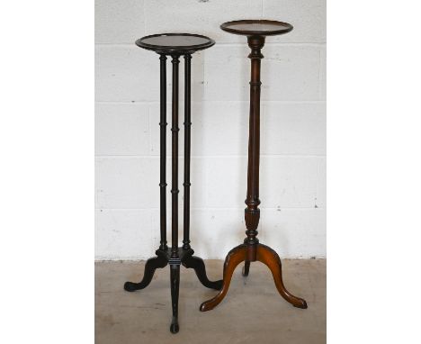 A mahogany jardiniere stand on 'bamboo' tripod base, 100 cm to/w another mahogany jardiniere stand on fluted column and tripo