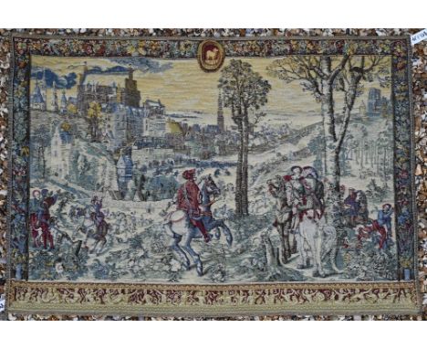 Belgian loomed machine panel tapestry wall hanging depicting a medieval hunting scene, 75 x 110cm