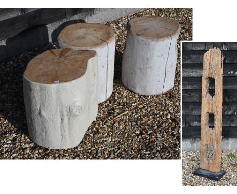 Three painted tree trunk section garden stools to/w a driftwood vessel-section standard lamp (4) 