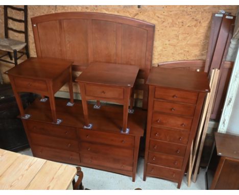 A 'Baronet' Canadian maple bedroom suite with walnut stain finish comprising six drawer low chest, 160 cm wide x 50 cm deep x