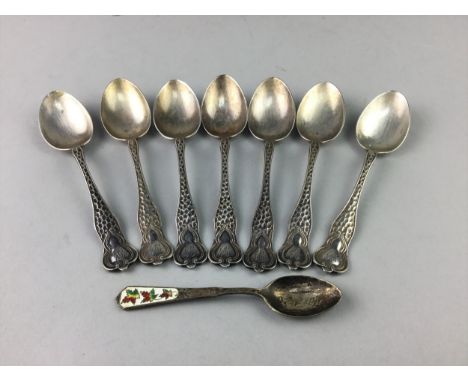 SET OF SEVEN SILVER TEASPOONS, along with a silver and enamel coffee spoon, also four Hummel figures of children
