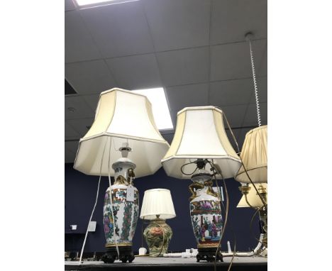 TWO CHINESE STYLE VASE LAMPS, along with three brass table lamps and a ceramic lamp with shade (6)