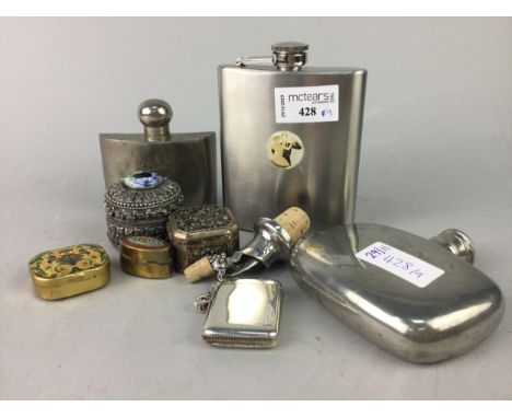 SILVER VESTA CASE, along with three silver plated hip flasks and four decorative trinket boxes