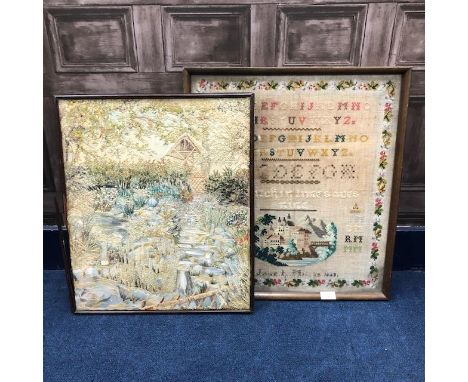 VICTORIAN NEEDLEWORK SAMPLER, framed, 59cm x 53cm, along with another needlework panel (2)