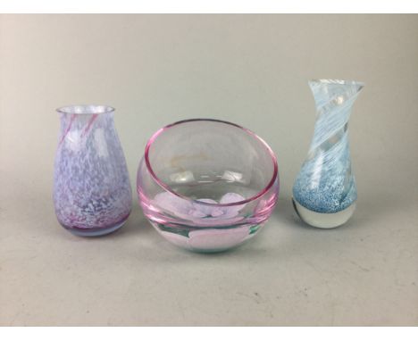 TWO CAITHNESS GLASS VASES, along with three paperweights, coloured glass bowl, a comport, decanter and glasses set and a stai