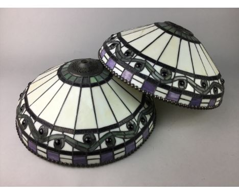 PAIR OF ART DECO STYLE WALL LIGHTS, 22cm high, along with a pair of circular light shades