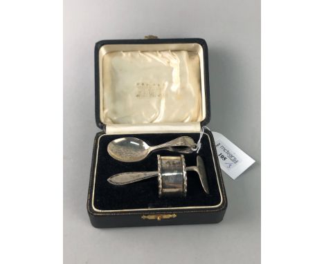 VICTORIAN SILVER SET OF BABY SPOON, PUSHER AND NAPKIN RING, in fitted case, along with a silver cigarette case and a set of p