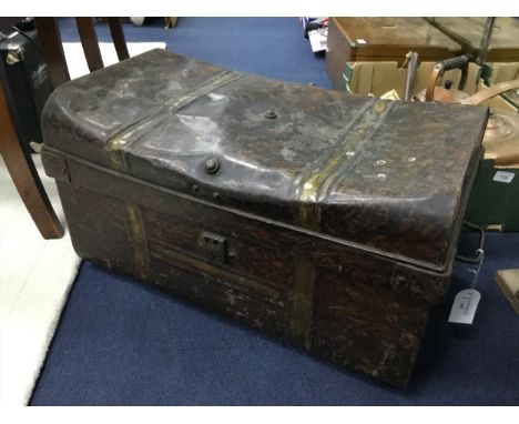 METAL TRUNK, along with scout clothes, and a carved mask
