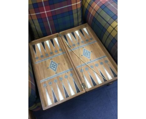 EASTERN INLAID GAMES BOX, with backgammon interior, 45cm wide, along with a leather bound Ordinance Gazetteer and Shakspear's