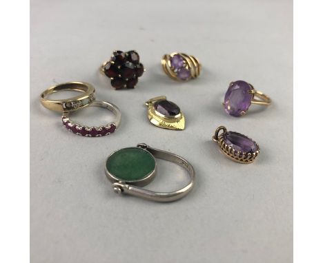 AMETHYST SET RING, the four claw mounted faceted oval amethyst on tapered shank, in nine carat gold, along with a group of am