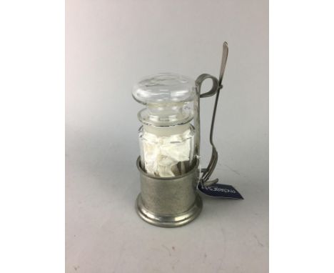 ARTS &amp; CRAFTS BEATEN PEWTER BEETROOT JAR, with glass insert and fork, 18cm high