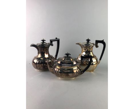 VICTORIAN SILVER PLATED THREE PIECE TEA SERVICE, along with other silver plated tea service, cream jugs and a silver backed h