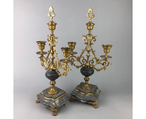 PAIR OF MARBLE AND GILT METAL THREE LIGHT CANDLEABRA, 43cm high overall