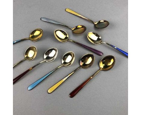 SET OF TEN SILVER AND ENAMEL COFFEE SPOONS, marked 925S with T in a shield