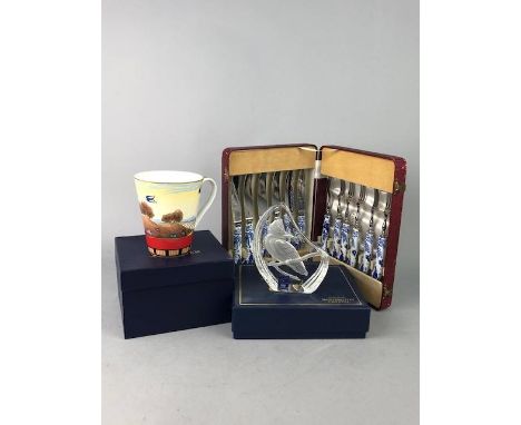 CASED ROYAL WORCESTER DISH, along with a mug, a cased paperweight and fish cutlery