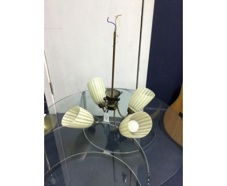 BRASS FOUR BRANCH CEILING LIGHT, with striped stained glass shades