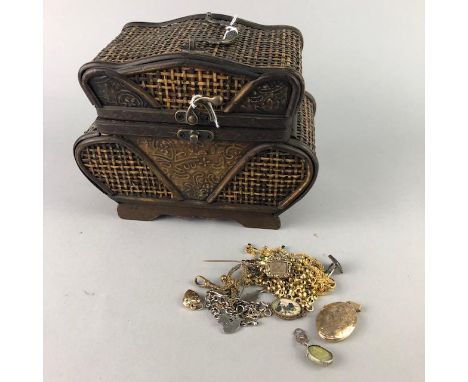 LOT OF VINTAGE COSTUME JEWELLERY, including a Georgian pin and pairs of cufflinks in an Asian box