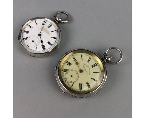 TWO SILVER OPEN FACE POCKETS WATCHES, with white enamel dials